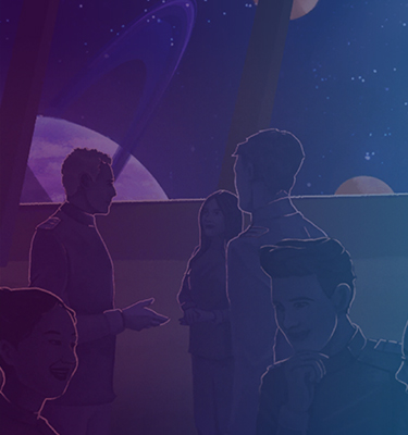 Cartoon from MiddleGalaxy game: partygoers aboard space station